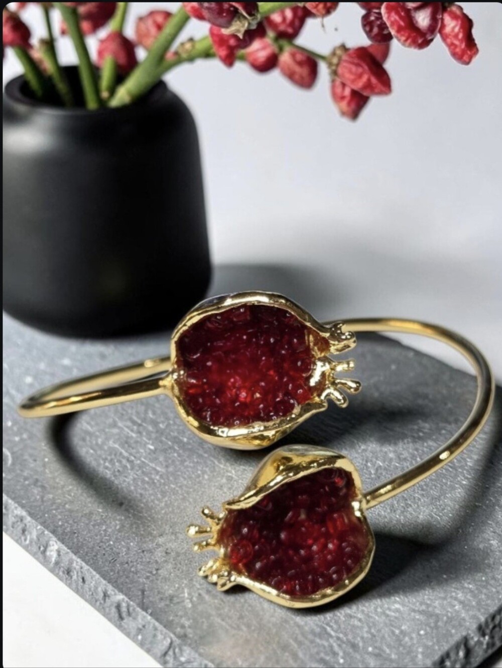 Fab 18k Gold Plated Artisan Genuine Garnet Pomegranate Bypass Bangle Bracelet